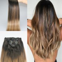 Wholesale 9A Grade Remy Clip in Omber Hair Extensions Balayage Dark brown fading to Ash blonde color Highlights Sew in Clip on Extensions
