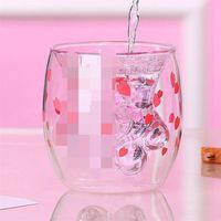 Wholesale Cute Sakura Cat Paw Claw Cup Floral Cherry Double Layer Glass Coffee Milk Mug Cartoon Transparent Kawaii Gift for Chritmas