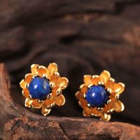 Wholesale Stud Original S925 Pure Silver Earrings For Women Flowers Lapis Lazuli Freshwater Pearl Gold Plated Vintage Jewelry