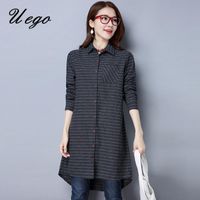Wholesale Casual Dresses Uego Korea Style Fashion Shirt Blouse Dress Linen Cotton Loose Striped Long Sleeve Spring Short Women Autumn