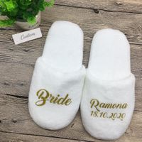Wholesale Personalized Wedding Coral Slippers Custom Bridesmaid Print Shoes Gift Hen Night Bachelorette Party White Hotel Slippers Y0228