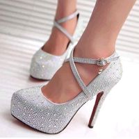 Wholesale Dress Shoes Women s High Heel Dance Wedding Ladies Crystal Silver Sequins Diamond Bridal Thin Section Party