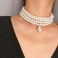 Wholesale Chokers Fashion Handmade Multilayer Pearl Necklace White Imitation Choker Metal Slice Fixation Wide Jewelry