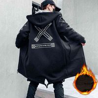Wholesale Embroidery Winter Fleece Mens Jacket And Coats Thick Hooded Casual Streetwear Black Windbreakers Warm Long Hip Hop Outwear H1224