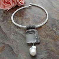 Wholesale 19 White Leather chokers Necklace Keshi Pearl Clear Crystal Buddha Pendant religious style for women