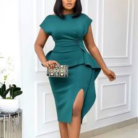 Wholesale Sexy Bodycon Short Sleeve Dresses Split Package Hip Solid Event Party Dress Fashion Office Ladies African Femal Plus Size
