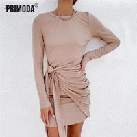 Wholesale Casual Dresses Plunged Autumn Sheath Bodycon Dress Women Fashion Office Lady Club Solid Front Knot Femme Robe Outwear PR2853G