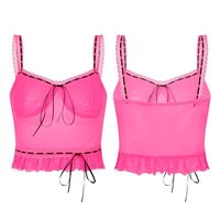 Wholesale Fashion Streetwear Women Camisole Tops Pink Lingerie Lace Trim Ruffles Tanks V Neck Lace up Crop Top See through Mesh Vest Camisoles