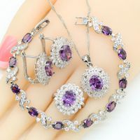 Wholesale Earrings Necklace Purple Zirconia Dubai Silver Color Bridal Jewelry Sets For Women Bracelet Hoop Pendant Rings Gift Box Colors