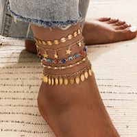 Wholesale Wgoud Layered Gold Color Evil Eye Chain Ankle Bracelet Bohemian Simple Disc Star Geometric Barefoot Anklet For Women