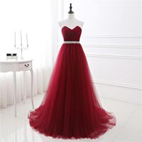 Wholesale Party Dresses In Stock A line Soft Tulle Dark Red Prom Dress Hand Beading Sexy Evening Gowns Bandage Long