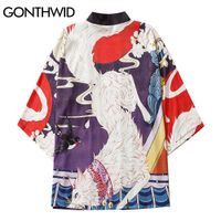 Wholesale GONTHWID Japanese Kimono Cardigan Shirts Men Streetwear Fox Bird Flower Print Jackets Hip Hop Harajuku Casual Fashion Coats Tops C0315