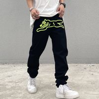 Wholesale High Street Green Print Overalls Embroidered Straight Loose Casual Jeans Pants Mens Oversize Denim Trousers