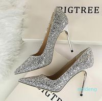 Wholesale Hot with high heels Women s shoes and shallow points shine sequins Sexy slimming banquet nightclub single shoes Large size code