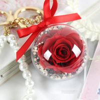 Wholesale Eternal Flower Keychain Clear Acrylic Ball Transparent Sphere CM Rose Key Ring Valentines Gift Wedding Favors RRD12735