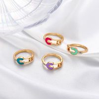 Wholesale INS Simple Colorful Dripping Oil Paperclip U shape Rings for Women Couple Crystal Charms Gold Copper Safety Pin Ring Y2k Jewelry