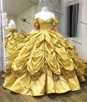 Wholesale Gorgeous Yellow Quinceanera Dresses Off The Shoulder Princess Taffeta gothic lace up Ball Gown Ruffles Skirt Sweet Prom Dress