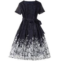 Wholesale 2021 Summer Short Sleeve Round Neck Dark Blue Retro Polka Dot Floral Lace Panelled Belted Hollow Out Mid Calf Dress Elegant Casual Dresses L0812339