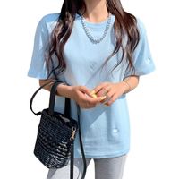 Wholesale Women s T Shirt Fashion Women T Shirt Sky Blue Love Embroidery Harajuku Summer Loose Short Sleeve Round Neck High Quality Cotton Tees Tops