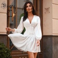 Wholesale VC All New Trendy White Dress Cross Lace up Design Puff Sleeves Sexy V Neck Celebrity Party Club Mini Dress