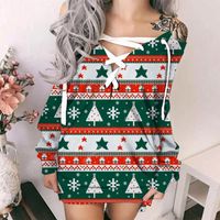 Wholesale Casual Dresses For Young Ladies Fashion Women s Loose Christmas Print Long Sleeve V neck Strappy Autumn And Winter Dress