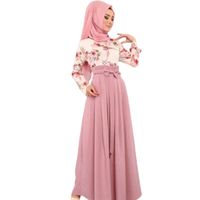 Wholesale Casual Dresses Women Ramadan Eid Abaya Long Sleeve Floral Contrast Color Knot Front Maxi Dress Muslim Islamic Party Robe Arabic Kaf