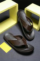 Wholesale Luxurys Designers Leather thong sandal with Double Metal Men Slides Flip flops Black Brown slippers Summer Beach Sandals Shoes