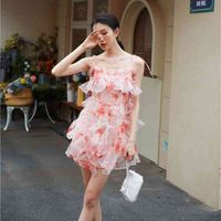 Wholesale Casual Dresses Ruffle Tulle Fairy For Women Summer Backless Mini Ladies Spaghetti Strap Slip Pink Red Kawaii Clothes IRI