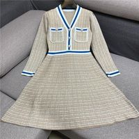 Wholesale Casual Dresses Knit Dress Women French Design Bright Silk Diamond Button V neck
