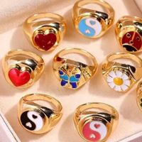 Wholesale 10Pcs ing designs women girl ring Heart Yin Yang Rings Gold Color Enamel Flowers Butterfly Rings Couple Jewelry Gift