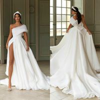 Wholesale High split Wedding Dresses Big Bow Appliqued Newest A Line Beach One shoulder Bridal Gown Custom Made Ruched Satin Long Robes De Mariée