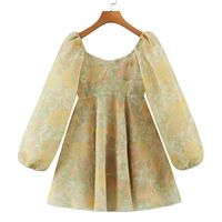 Wholesale Casual Dresses YENKYE Women Yellow Floral Print Organza Short Dress Sexy Collar Long Sleeve Holiday Party Ladies Chic Robe