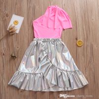 Wholesale kids summer clothing sets fashion girl sloping shoulder top irregular buttocks skirt suit children casual dance performance outfits S1408
