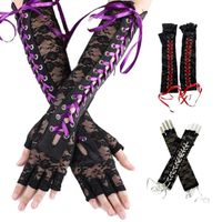 Wholesale Five Fingers Gloves Punk Sexy Elbow Length Ribbon Bandage Fingerless Women Arm Warmer Gothic Black Fishnet Mesh Party Lace Satin