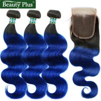 Wholesale Human Hair Bulks Blue Bundles With Closure Body Wave Brazilian Ombre Remy Beauty Plus