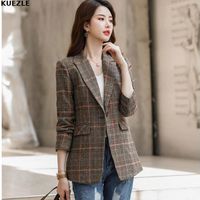 Discount overcoat styles for women Women's Wool & Blends Overcoat Femme Vintage England Style High-quality Plaid Coat With Pockets For Women Single Button Jacket Fashion Outwe