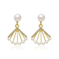 Wholesale Hollow Fan shaped Pearl Diamond Earrings Charm Women Alloy Gold Business Ear Drop European Party Gift Dress Wear Stud Earring Jewelry Accessories