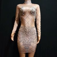 Wholesale Casual Dresses Sparkly Crystal Mini Dress Women Birthday Rhinestones Stage Costume Prom Celebrate Bling Bodycon Evening Event Outfits