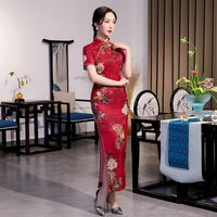 Wholesale Ethnic Clothing Red Chinese Bride Wedding Dress Gown Large Size XL Satin Cheongsam Print Floral Qipao Traditional Mandarin Collar Vestidos