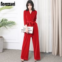 Wholesale Nerazzurri Long velvet jumpsuit with sleeves for women elegant red black plus size wide leg sashes maxi floor length romper