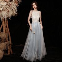 Wholesale Ethnic Clothing Halter Perspective Cheongsam Beaded Off Shoulder Evening Party Dress Sexy White Blue Patchwork Qipao Fairy Floor Length Dres