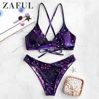 Wholesale Women s Swimwear ZAFUL Bikini Galaxy Print Lace Up Reversible Set Spaghetti Straps Criss Cross Swim Suit Wire Free Padded