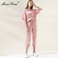 Wholesale Women s Tracksuits MoaaYina Fashion Designer Set Summer Women Hooded Collar Sweater Tops Elastic Waist Ankle Length Pants Solid Sweet Two pi