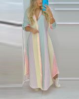 Wholesale Skirts Summer Women Color Striped Button High Slit Shirt Maxi Dress Femme Turn down Collar Casual Robe Office Lady Outfits