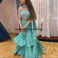 Wholesale Two Pieces India Prom Dress Pants Suits Green Chiffon Spaghetti Straps With Saree Saudi Arabic Evening Party Gowns Vestidos