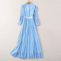 Wholesale Casual Dresses Blue Pink Long Dress Spring Summer High Quality Party Evening Women V Neck Appliques Lace Patchwork Pleated XL