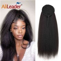 Wholesale AliLeader Long Afro Puff Ponytail Hair Kinky Natural Hair Synthetic Kinky Straight Drawstring Ponytails With Clip Elastic Band H0916