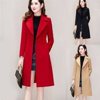 Wholesale Women Woollen Overcoat Women s Mid Length Over Knee Autumn Winter Waist Suit collar Red Woollen Black Khaki Coat Y201001
