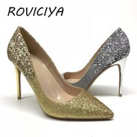 Wholesale Dress Shoes Gold Silver Glitter Sparkling Women Pumps cm High Heels Woman Pointy Toe Stiletto Sexy LF013 ROVICIYA
