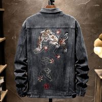 Wholesale Men s Jackets Chinese Tiger Embroided Denim Coats Black Loose High Street Hip Hop Vintage Casual Quality Jeans Coat